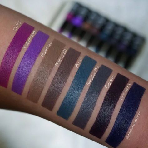 Nyx Suede Matte Lipstick swatches Nyx Suede Matte Lipstick, Nyx Lipstick Matte, Makeup Looks Products, Tom Ford Makeup, Matte Lipsticks, Lip Liners, Face Facial, Mac Eyeshadow, Lipstick Swatches