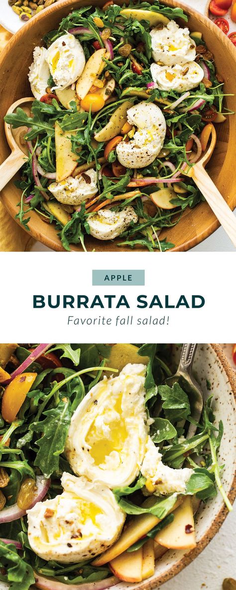 Make this apple burrata salad in the fall, spring, or summer! It is made with arugula, golden raisins, tomatoes, and creamy burrata. Burrata Recipe, Mediterranean Salad Recipe, Arugula Salad Recipes, Apple Salad Recipes, Burrata Salad, Simple Vinaigrette, Clean And Delicious, Burrata Cheese, Green Eating