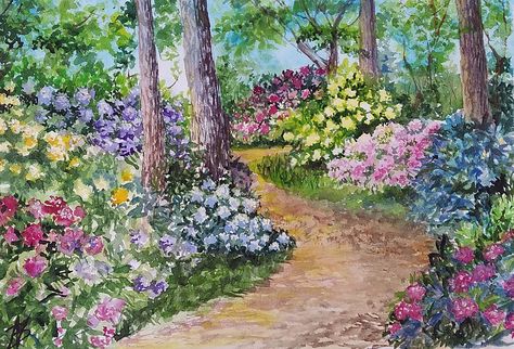 Flower Garden Painting, Frit Painting, Flower Garden Art, Wall Art Forest, Painting Forest, Art Forest, Garden Drawing, Garden Watercolor, Watercolor Paintings For Beginners