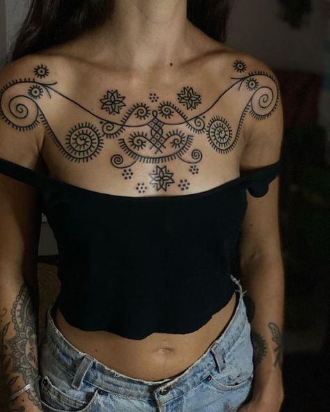 Pattern Work Tattoo, Folk Chest Tattoo, Chest Adornment Tattoo, Decorative Chest Tattoo, Geometric Chest Tattoo Female, Ornate Chest Tattoo, Ornamental Tattoo Chest Women, Thick Ornamental Tattoo, Ornamental Chest Piece