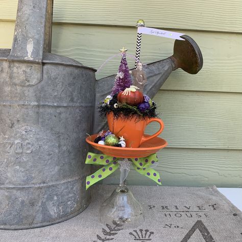 Excited to share this item from my #etsy shop: Halloween Vintage Inspired Altered Art Shabby Decoration w/ Ghost Boy; Centerpiece with Orange Cup & Saucer, Polka Dot Ribbon, Cordial Glass Orange Cups, Valentine Centerpieces, Halloween Bottles, Pink Bottle, Hand Painted Gourds, Vintage Inspired Art, Ghost Boy, Spooky Halloween Decorations, Primitive Halloween