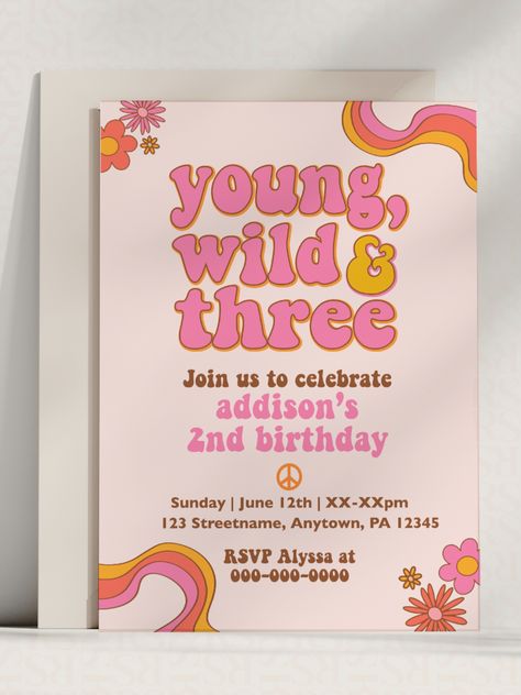 Third Birthday Digital Download | Young Wild and Three Groovy and Retro Theme Idea Twins Third Birthday Party Themes, Third Birthday Girl Theme, Pink And Orange Theme, Third Birthday Girl, Young Wild And Three, Groovy Party, Girls 3rd Birthday, Orange Theme, Twins Birthday