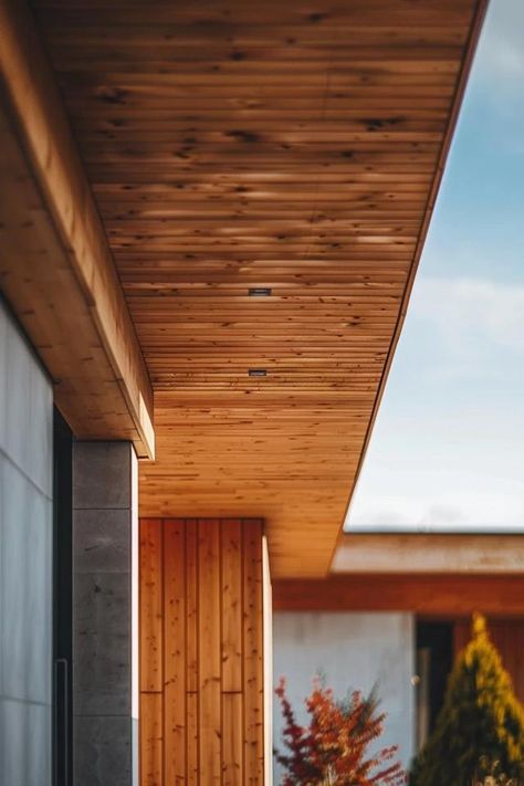 Wood Soffit - Ideas for Elegant Home Exteriors Wood Look Soffit Exterior, Wood Soffit, Soffit Ideas, Vinyl Soffit, Balcony Bar, Backyard Balcony, Porch Windows, Sleek Storage, Cottage Exterior