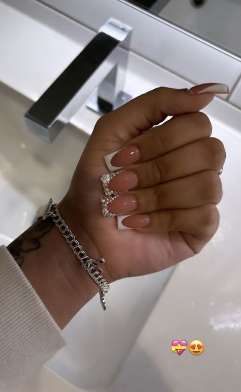 Fine Tip Nails, Short Champagne Nails Acrylic, French Tip With Rine Stone, White French Birthday Nails, White And Silver French Tip Nails Short, Class Of 24 Nails, Short Fresh Tip Nails, Birthday Nails Inspo White, Gel Mani And Pedi Ideas