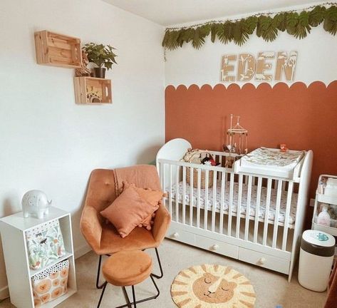 Green And Burnt Orange Nursery, Burnt Orange Nursery Boy, Burnt Orange Nursery, Orange Nursery Boy, Baby Safari Nursery, Orange Nursery, Unisex Nursery, Safari Theme Nursery, Baby Nursery Inspiration