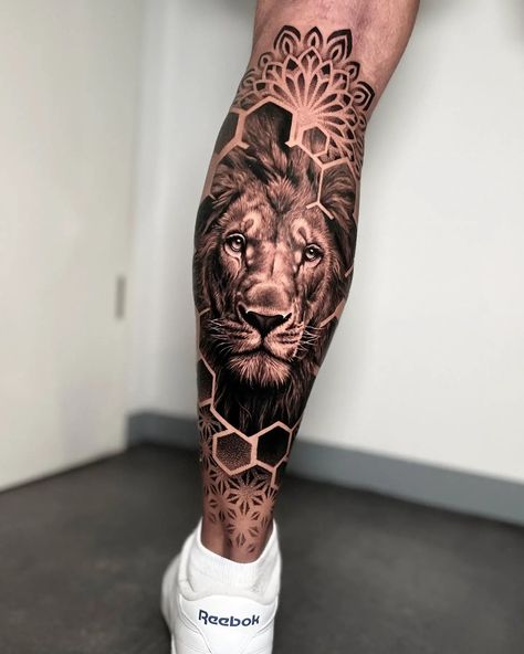 Tattoo Designs Lion, Lion Leg Tattoo, Geometric Tattoo Leg, Calf Tattoo Men, Animal Tattoos For Men, Lion Tattoo Sleeves, Geometric Sleeve Tattoo, Full Leg Tattoos, Mens Lion Tattoo