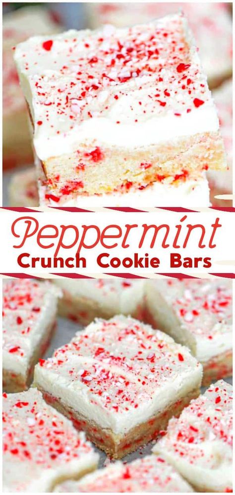 These homemade Peppermint Sugar Cookie Bars are so festive and tasty! Enjoy peppermint candy bits in our sugar cookie bar base frosted with a creamy, fluffy frosting with more sprinkles of peppermint candy bits on top!Cookie Bars Sugar Cookie Bar, Sugar Cookie Bar Recipe, Peppermint Dessert, Cookie Recipes From Scratch, Peppermint Sugar Cookies, Fluffy Frosting, Christmas Peppermint, Christmas Baking Recipes, Peppermint Sugar