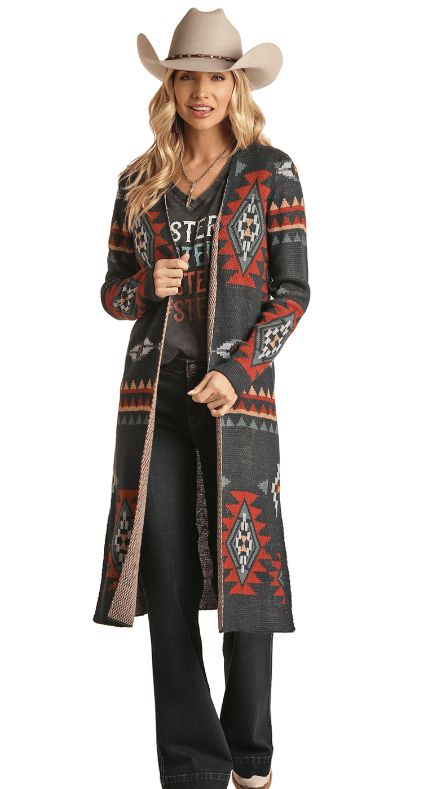 Rock & Roll Women's Aztec Light Navy Duster Sweater RRWT95R0CF - Painted Cowgirl Western Store Western Cardigan, Womens Work Shirt, Denim Duster, Mens Work Shirts, Aztec Print Cardigan, Duster Sweater, Aztec Cardigan, Sweater Duster, Skirts With Boots