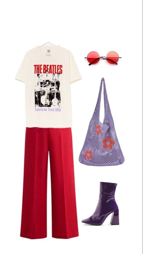 Beatles Shirt Outfit, Aesthetic Sport, Hslot Outfit Ideas, Beatles Shirt, Things To Wear, 70s Inspired Fashion, Harry Styles Concert, Outfit Collage, Mode Casual