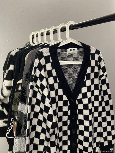 black and white checkered cardigan hanger clothing rack fashion inspo ideas outfit Cardigan Outfit Korean Ulzzang Fashion, Black And White Checkered Cardigan, Everything Reminds Me Of Him, Reminds Me Of Him, Korean Ulzzang Fashion, Checkered Cardigan, Skirt Ideas, Korean Ulzzang, Ootd Dress