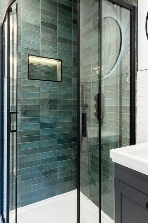 Shower Splashback using Gloss Deep Bottled Green Colours in a Horizontal Straight Stack Style with Black Accents Shower Room Tiles Ideas, Green Stone Bathroom, Bathroom Green Tiles, Shower Splashback, Tiles Bathroom Ideas, Green Metro Tiles, Metro Tiles Bathroom, Shower Remodel Ideas, Green Shower Tile