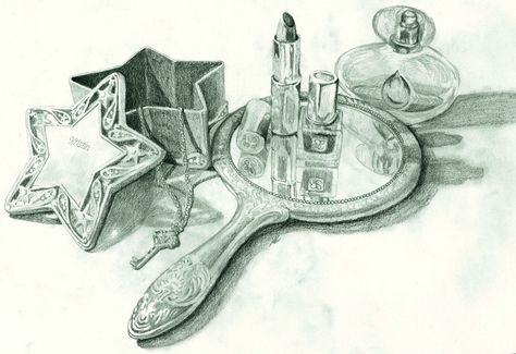 "Kristin's Vanity" By Kathleen Loveland, achromatic, monochromatic graphite pencil still life drawing of make up, jewelry, mirror and perfume in perspective with shading, cast shadows, and reflected images Vanity Mirror Drawing, Mirror Image Art Project, Reflective Still Life, Graphite Still Life, Pencil Still Life Drawing, Reflective Drawing, Mirror Reflection Drawing, Vanity Drawing, Still Life Drawing Pencil