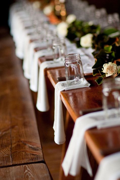 Mason Jar Place Setting Wedding, Mason Jar Table Setting, Mason Jar Place Setting, Mason Jar Cups Wedding, Fun Table Settings, Mason Jar Glasses, Mason Jar Cups, Rustic Party, August Wedding