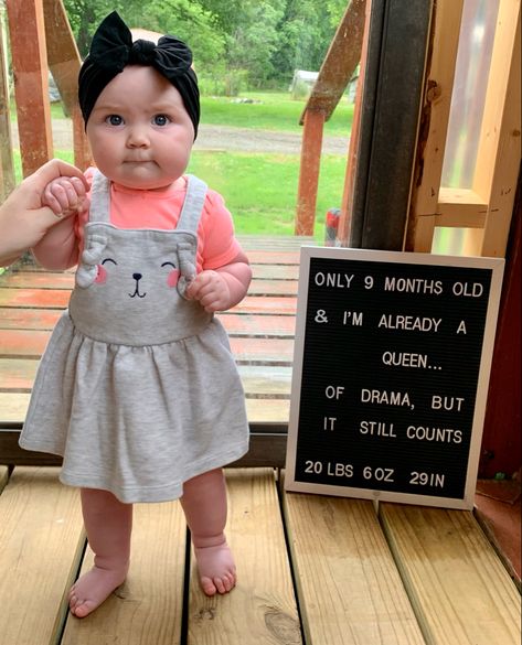 Queen of drama 4 Months Letter Board Baby, 9 Month Milestones, 8th Month, Monthly Photoshoot, Bday Themes, Baby Captions, Month Photos, 9 Month Old Baby, Monthly Quotes