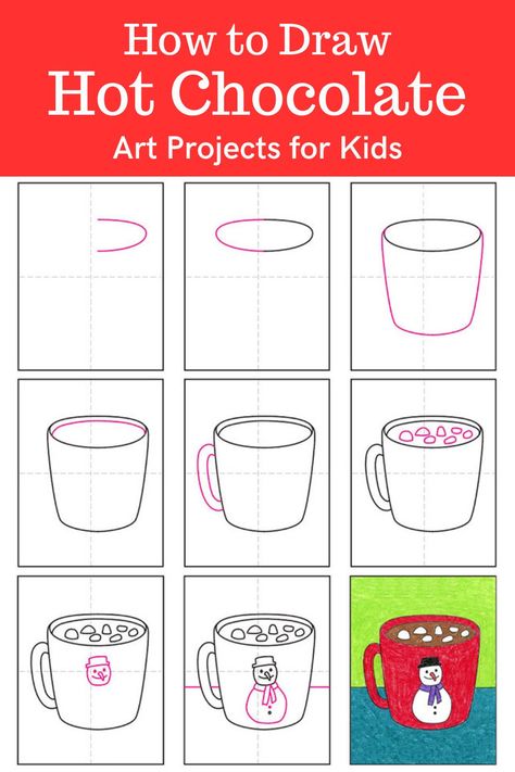 Learn how to draw Hot Chocolate with an easy step-by-step PDF tutorial. #howtodraw #tutorial #drawing #drawingtutorial #arttutorial #artprojectsforkids #howtodrawforkids #hotchocolate Hot Cocoa Art Project, Kids How To Draw Step By Step, Hot Chocolate Art Project For Kids, Winter Drawings Easy For Kids, Hot Cocoa Drawing, Draw Hot Chocolate, Christmas Directed Drawing, Step By Step Christmas Painting, Hot Chocolate Drawing