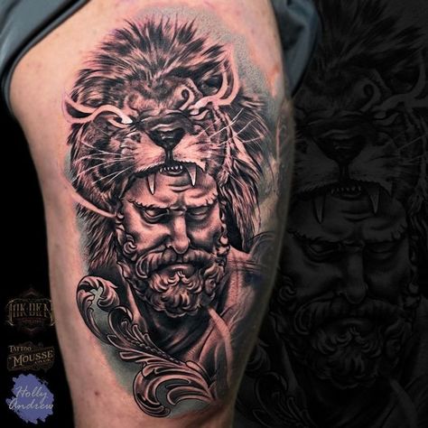 A huge Hercules thigh piece done by resident artist Holly! Holly bookings are filling up quickly for the summer now so if your wanting some fresh ink now is the time to get in touch . done using only the best: @tattoomousse Tattoo Mousse #greekmythology #hercules #lion #thightattoo #blackandgrey #realism #inkdentattoostudio #blackpool #blackpooltattoos Nemean Lion Tattoo, Hercules Lion, Hercules Tattoo, Holly Holly, Nemean Lion, Greek Mythology Tattoos, Thigh Piece, Female Tattoo Artists, Greek Tattoos