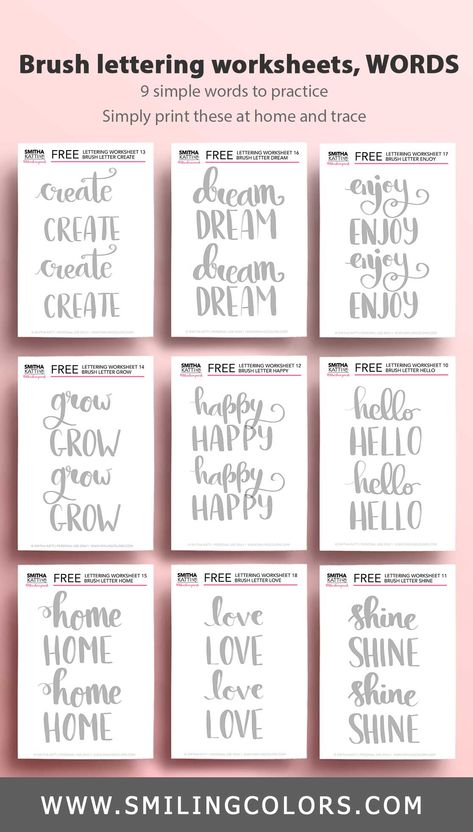 Free Brush Lettering Practice Sheets, Learning Lettering, Free Lettering Worksheets, Brush Lettering Worksheet, Lettering Worksheets, Hand Lettering Practice Sheets, Brush Lettering Practice, Hand Lettering For Beginners, Hand Lettering Worksheet