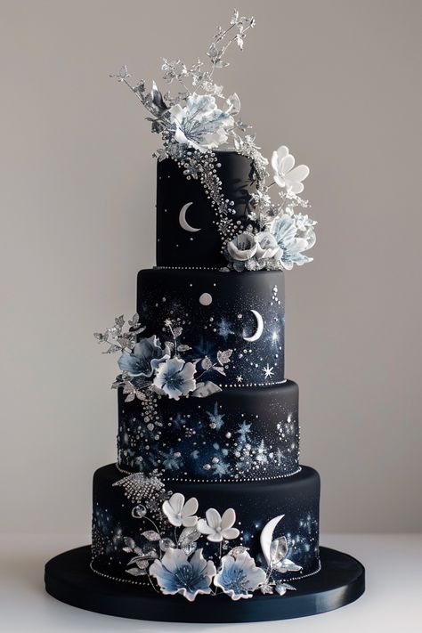 Silver Stardust: Midnight Elegance Birthday Cake Wedding Cake Stars, Midnight Blue Wedding Cake, Pink Celestial Wedding, Navy Blue Cake Ideas, Dark Fairytale Wedding Cake, Black And Blue Birthday Cake, Space Wedding Cake, Blue And Black Wedding Cake, Ice Cream Cake Wedding