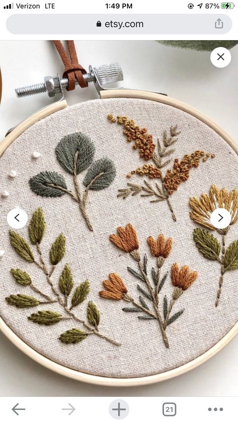 Boho Hand Embroidery, Single Flower Embroidery, Neutral Embroidery, Embroidery Greenery, Embroidered Greenery, Greenery Embroidery, Embroidery On Brown Fabric, Fall Hand Embroidery, Rustic Embroidery