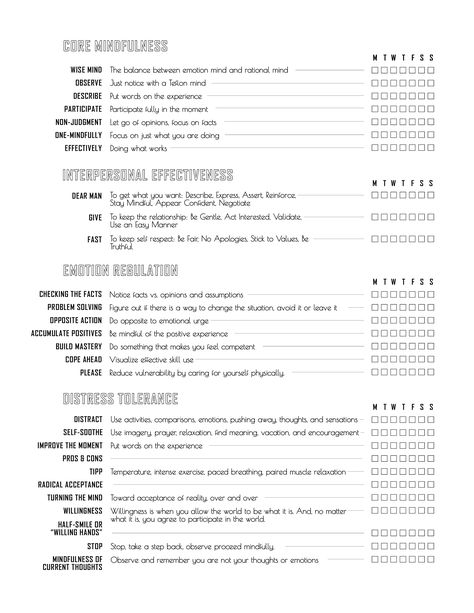 Dialectical Behavior Therapy Diary Card, Dbt Diary Card Printable, Dbt Diary Card, Dbt Skills Worksheets, Dbt Activities, Dbt Therapy, Counseling Techniques, Emotion Regulation, Counseling Worksheets