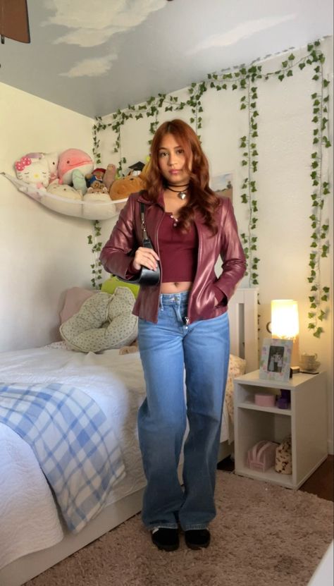 Basic Leather Jacket Outfit, Outfit Inspo For Red Hair, Burgandy Shirt Outfits Women, Color Leather Jacket Outfit, Girl In Red Aesthetic Outfit, Red Basic Outfit, Red Courderoy Jacket Outfit, Leather Red Jacket Outfit, How To Style Red Leather Jacket