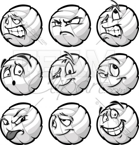 Volleyball Ball Cartoon Faces With A Variety Of Facial Expressions Confident Facial Expression Drawing, Volleyball Cartoon, Volleyball Drawing, Confident Expression, Volleyball Ideas, Ball Cartoon, Ball Character, Facial Expressions Drawing, Sport Graphics