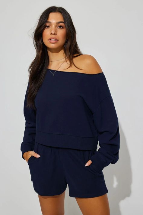 Off Shoulder Sweatshirt Blue Off The Shoulder Top Outfit, Off Shoulder Sweatshirt, Garage Clothing, Off Shoulder Sweater, Shoulder Shirts, Off Shoulder Tops, Dream Clothes, College Outfits, Shoulder Sweater