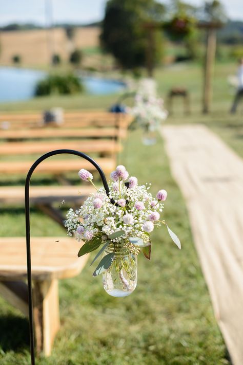 Hanging Mason Jars Wedding, Wedding Aisle Decorations Outdoor, Burlap Aisle Runner, Wedding Aisle Outdoor, Hanging Jars, Church Wedding Flowers, Wedding Isles, Hanging Mason Jars, Aisle Flowers