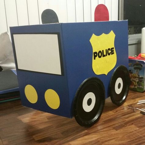 Very easy police car out of a cardboard box. Police Valentine Box Ideas, Police Car Valentine Box Ideas, Diy Police Car Cardboard Boxes, Police Car Cardboard, Police Car Craft, Cardboard Box Car, Kids Police, Police Party, Police Birthday