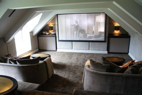 Loft conversion home cinema with luxury seating, acoustic panelling and drop down screen 😍 — Steemit Loft Conversion Games Room, Attic Game Room, Home Cinema Design, Kent Homes, Home Theater Room Design, Theater Room Design, Cinema Design, Home Cinema Room, Attic Renovation