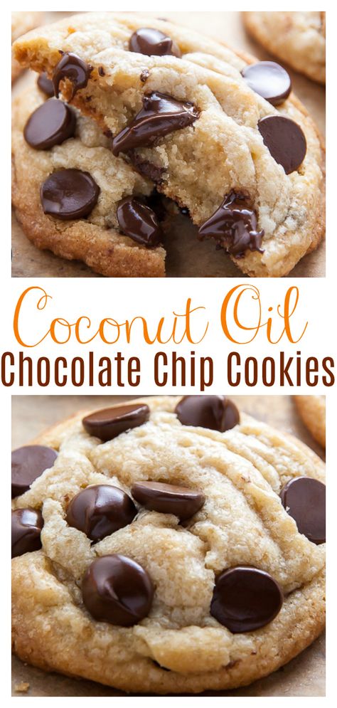 Thick and Chewy Coconut Oil Chocolate Chip Cookies - Baker by Nature Oil Chocolate Chip Cookies, Coconut Oil Chocolate Chip Cookies, Coconut Oil Cookies, Coconut Oil Chocolate, Coconut Cookies Recipes, Healthy Dessert Recipes Easy, Baker By Nature, Crazy Cookies, Coconut Oil Recipes