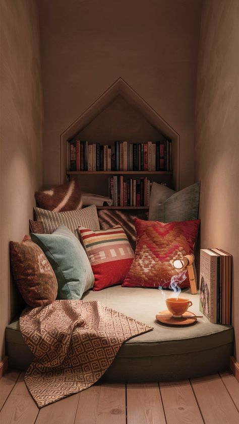 Create a cozy and cute reading nook in your room with soft cushions and a small bookshelf. Perfect for relaxing and unwinding. Floor Cushions Reading Nook, Teenage Reading Nook, Mini Reading Nook, Cozy Reading Corners Bedroom, Reading Nook Interior Design, Cool Reading Nooks, Small Corner Reading Nook, Bedroom Sitting Area Small Cozy Corner, Nursery Reading Nook