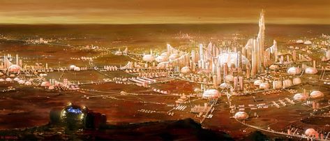 Capital city of Mars by Nick Hvostik (Massive Black) Mars City, Mars Colony, Sci Fi Landscape, Sci Fi City, Cyberpunk City, 5 Anime, Futuristic City, Future City, Mad Scientist