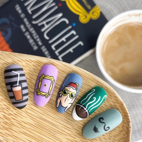 Friends Tv Show Thanksgiving Nails, Friends Tv Nails, Bob Ross Nails, The Office Nails Tv Show, Friends Nail Art Tv Show, Friends Theme Nails, Friends Inspired Nails, Phineas And Ferb Nails, The Office Nails