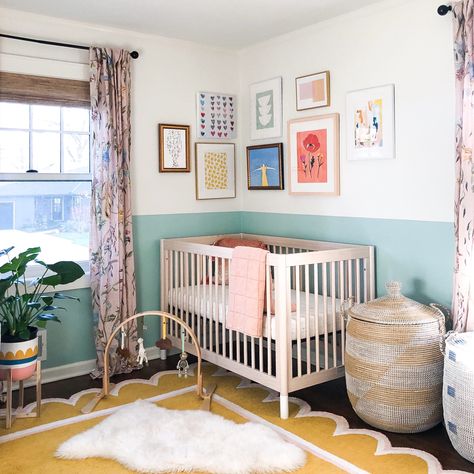 Nursery Ideas Colorful Gender Neutral, Teal Green Nursery, North Facing Nursery, Color Block Nursery, Gender Neutral Nursery With Color, Fun Gender Neutral Nursery, Music Inspired Nursery, Colorful Nursery Boy, Colorful Eclectic Nursery