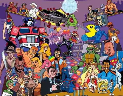 This is the honour roll for the 20 best pop culture icons during the 1980s decade. Low culture is a derogatory term for forms of popular culture that have mass appeal.Low culture includes the most recent trends with in the specific society. It also varies from time to time. 80s Characters, 80s Party Decorations, 80s Classics, 80s Pop Culture, Nostalgia Art, Image Film, 80s Nostalgia, 80s Cartoon, Cartoon Shirts