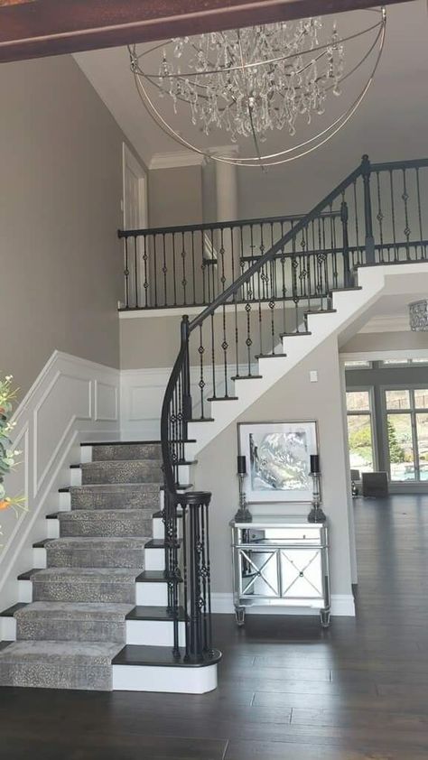 Two Staircases In House, 2 Story Foyer Staircase, Cute Foyer Ideas Entrance, Staircase Entrance Design, Stair Case Designs Interiors, Stair Entryway Ideas, Foyer Staircase Entryway, Bloxburg Interior, Stair Cases