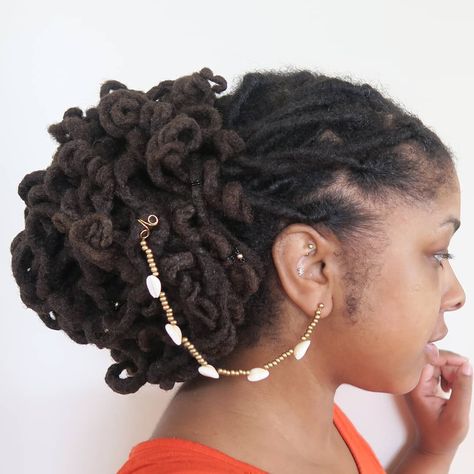 Low Bun With Locs, Low Bun Locs, Hair Jewelry For Locs Black Women, Loc Jewelry On Short Locs, Locs Diamond Parts, Two Loc Petal Buns, Crystal Loc Jewelry, Low Bun, Bun Styles