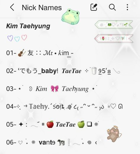 Kim Taehyung Nicknames, Taehyung Nicknames, Nick Names Aesthetic, Nick Names, Names Aesthetic, Aesthetic Bio, Aesthetic Taehyung, Stylish Text, Bio Ideas