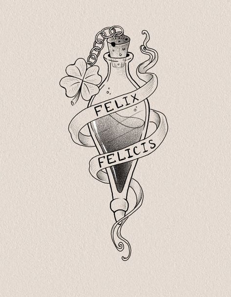 Harry Potter Felix Felicis Tattoo, Felix Felicis Drawing, Felix Felicis Tattoo, Harry Potter Felix Felicis, Harry Potter Tattoo Sleeve, Felix Felicis, Wand Tattoo, Hp Tattoo, Petit Tattoo