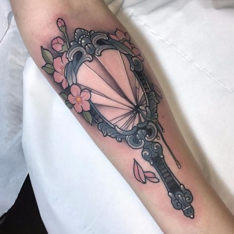 Neo Traditional Mirror Tattoo, Beauty And The Beast Mirror Tattoo, Mirror Tattoo Traditional, Traditional Mirror Tattoo, Vintage Mirror Tattoo, Tattoo Mirror, Ornamental Filigree, Mirror Tattoo, Mirror Tattoos