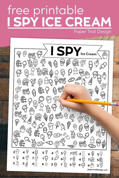 Keep kids busy and entertained with this free printable I spy activity page that makes a great quiet activity for kids to do indoors. Ice Cream Activity, Ice Cream Games, Paper Trail Design, Ice Cream Crafts, Fun Indoor Activities, Trail Design, Free Activities For Kids, Ice Cream Day, Ice Cream Theme