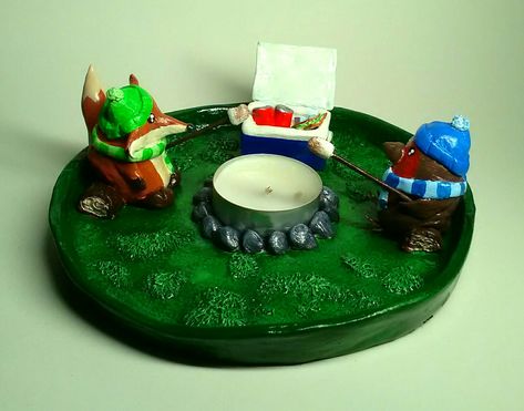 Clay Tealight Holder Diy, Air Dry Clay Tealight Holder, Clay Tealight Holder, Camping Animals, Clay Trinkets, Animals Clay, Campfire Candle, Clay Candle Holders, Clay Candle