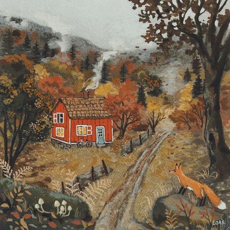 Lore Pemberton, Arte Folk, Autumn Illustration, Red House, Autumn Art, Whimsical Art, In The Woods, Painting & Drawing, Art Inspo