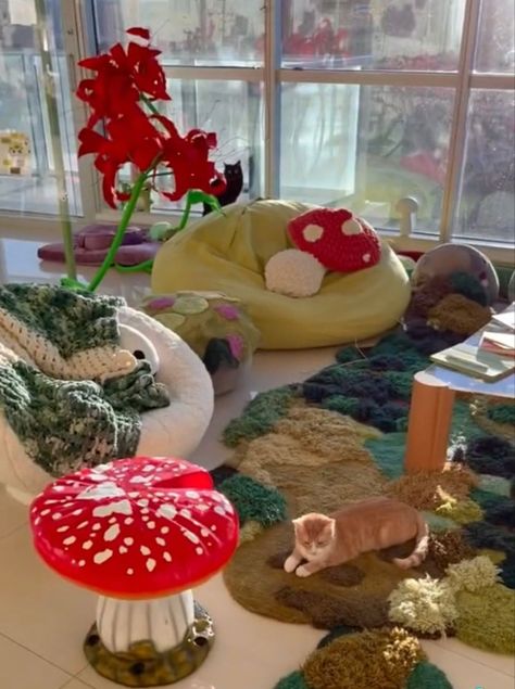 Mushroom Cafe Interior, Round Room Decor, Mushroom Themed Room Aesthetic, Mushroomcore Bedroom, Cat Cafe Aesthetic Interior, Cat Cafe Interior Design, Cat Cafe Ideas, Mushroom Themed Room, Cat Cafe Interior