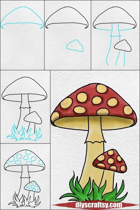 Drawing Mushrooms Step By Step, How To Draw A Mushroom Step By Step, Jamur Art, Fungi Drawings, Mushroom Art Drawing, How To Draw Mushrooms, Mushroom Drawing Ideas, Mushrooms Drawing, Mushroom Drawings