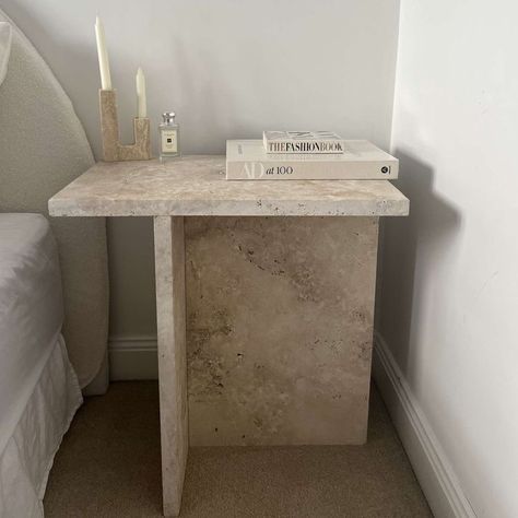 Diy Travertine Nightstand, Befside Tables, Bed Side Tables Modern, Stone Side Table Bedroom, Side Table As Nightstand, Marble Bedside Table Ideas, Travertine Side Tables, Stone Nightstand Bedroom, Bedside Table Stone