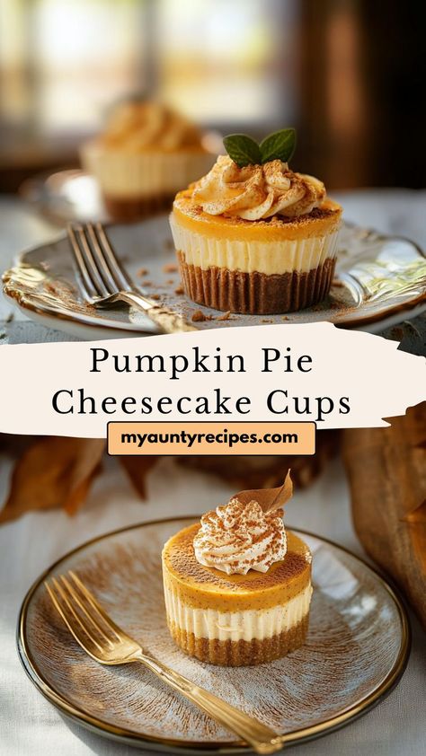 Enjoy these Easy Pumpkin Pie Cheesecake Cups, featuring creamy pumpkin cheesecake in a bite-sized dessert. Perfect for fall recipes, each cup is spiced with cinnamon and nutmeg for classic autumn flavor. They’re quick, delicious, and a fun addition to any dessert spread this season. Pumpkin Cream Cheese Desserts, Individual Pumpkin Cheesecake, Cup Pies, Easy Pumpkin Pie Cheesecake, Mini Pumpkin Pie Cheesecake, Pumpkin Cheesecake Cups, Cheesecake Dessert Cups, Pumpkin Pie Cups, Food For Thanksgiving