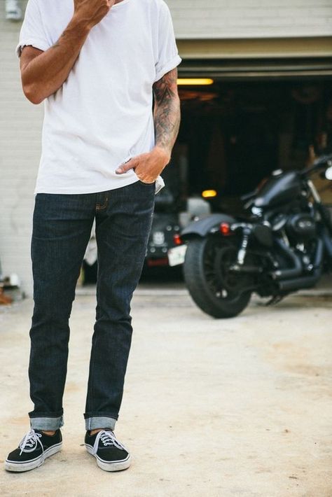 dark jeans, a white tee and black Vans Mens Vans Shoes Outfit Casual Men Styles, Classic Vans Outfit Men, Men’s Vans Outfit, Slim Straight Jeans Outfit Men, Slim Fit Jeans Men Outfits, Classic Vans Outfit, Black Vans Outfit Men, Black Vans Outfit, Vans Outfit Men