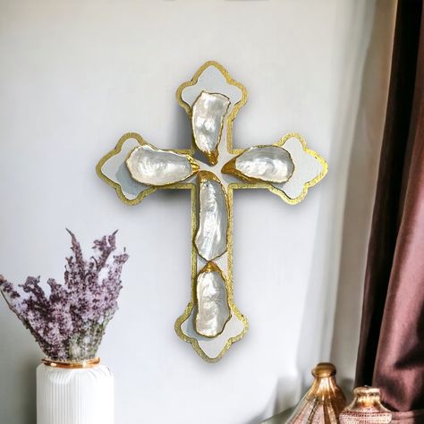 This Beautiful Cross Features The Glamour Of Oyster Shells Painted In A Pearl Finish Paint And Gold Trim On A Dual Layered Gold And White Cross. A Perfect Compliment To Any Decor, It Will Add A Special Decorative Touch To Your Wall! Beautifully Handcrafted. Makes A Great Gift For: New Homes Hostess Weddings Bridal Celebrations Easter Mothers Day Birthdays For Her Anniversaries Christmas Holidays Special Occasions Celebrations For Yourself The Oyster Shells Are Hand Painted In An Opaque Pearl Fin Oyster Shell Cross, Bold Art Print, Shell Cross, Cross Frame, Oyster Ornament, Coastal Farmhouse Decor, Gold Geometric Pattern, Wood Statues, Resin Wall Art